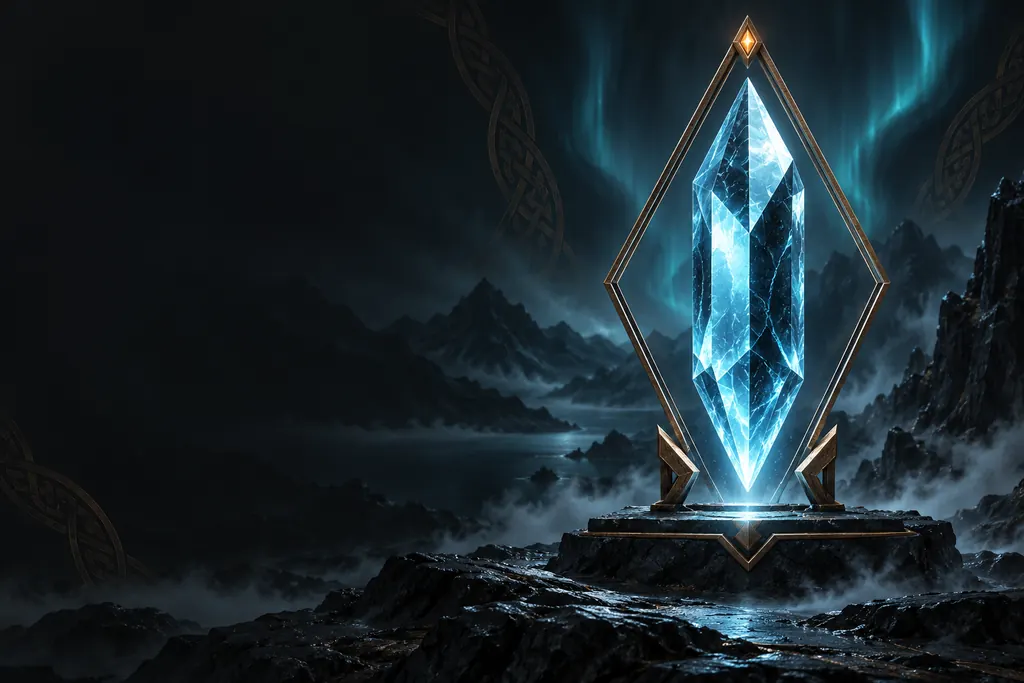 Glowing blue crystal standing on a stone stele under an aurora