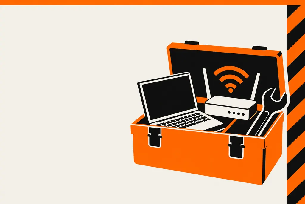 Caisse à outils orange ouverte, avec un ordinateur portable, un routeur Wi-Fi et une clé à molette