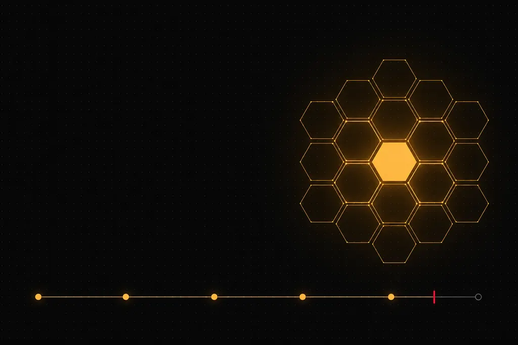 Hive of golden hexagonal crystals with one cell lit in the centre, above a line of steps