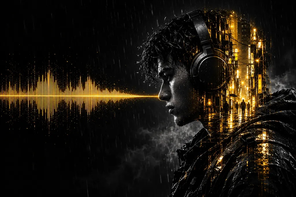 Profile of a gamer wearing headphones in the rain, a golden sound wave in front of him and a night city street blended in