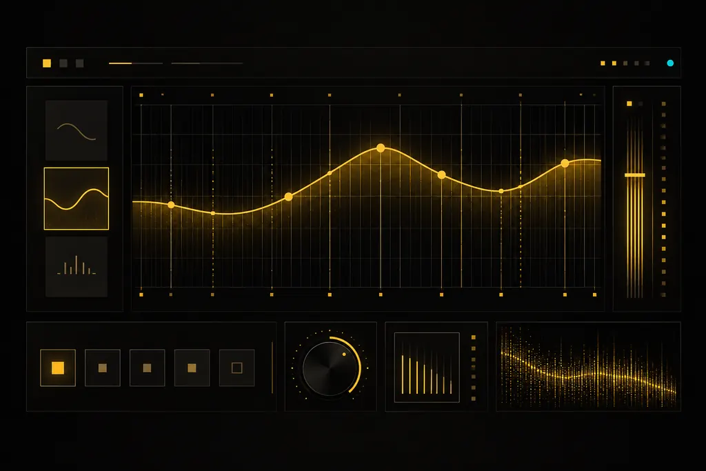 Illustration of an equaliser interface: a golden curve in the centre, with controls and graphs around it