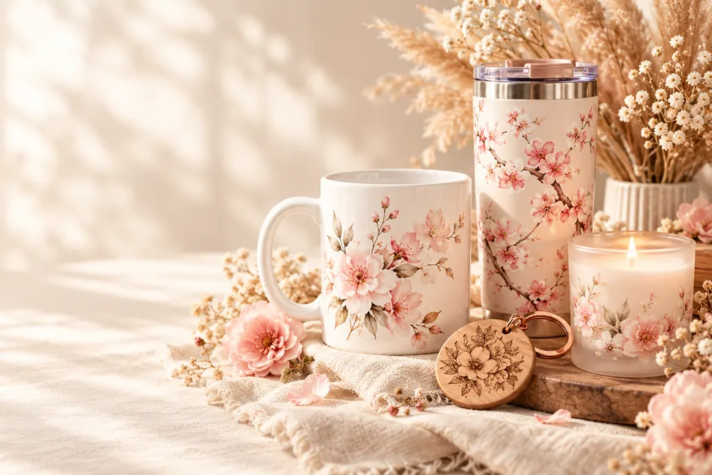 Mug and tumbler with cherry blossom patterns, a candle and an engraved wooden keyring on a light cloth