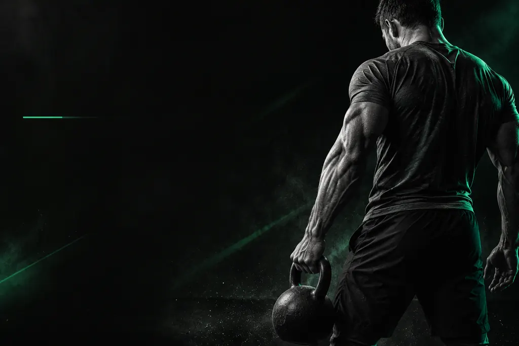 Man seen from behind in sportswear, holding a kettlebell, in a dark room crossed by green light